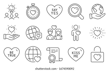 Set of Love icons, such as Be true, Friend. Diploma, ideas, save planet. Heartbeat timer, Couple love, Heart. World brand, Say yes, International love. Vector