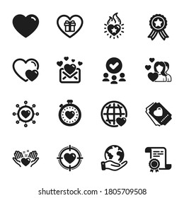 Set of Love icons, such as Couple, International love. Certificate, approved group, save planet. Hold heart, Heart flame, Valentine target. Hearts, Love ticket, Dating network. Vector