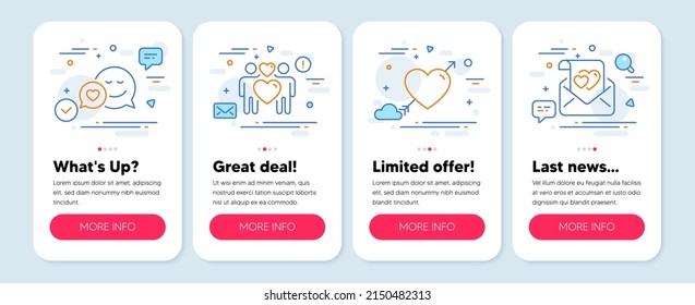 Set of Love icons, such as Love couple, Love, Dating line icons. Mobile app mockup banners. Lovers, Valentines day, Valentine mail. Love couple icons. Mobile screen carousel. Vector