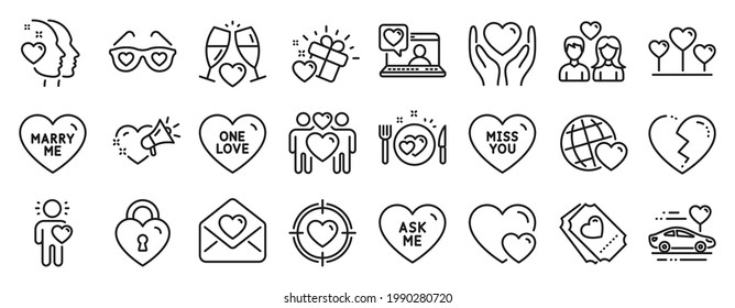 Set of Love icons, such as Friends chat, Wedding glasses, Heart icons. Honeymoon travel, Marry me, Friend signs. Friends world, Hold heart, Love letter. Couple love, Ask me, Miss you. Vector