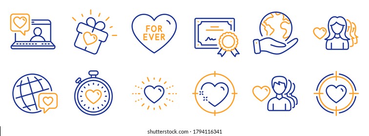 Set of Love icons, such as Love gift, Heart. Certificate, save planet. Valentine target, Heart target, World brand. Heartbeat timer, Woman love, Friends chat. For ever line icons. Vector