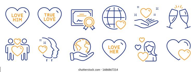 Set of Love icons, such as Love her, Love him. Certificate, save planet. Hold heart, Champagne glasses, Heart. Hearts line icons. Sweetheart, Friendship. Line icon set. Vector