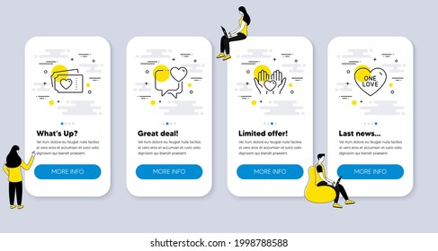 Set of Love icons, such as Hold heart, Heart, Love tickets icons. UI phone app screens with people. One love line symbols. Friendship, Valentine day. Phone UI banners. Hold heart line icon. Vector