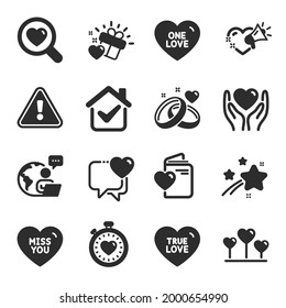 Set of Love icons, such as Hold heart, Love document, Search love symbols. Heart, Miss you, Heartbeat timer signs. Marriage rings flat icons. Friendship, Registry office. Flat icons set. Vector