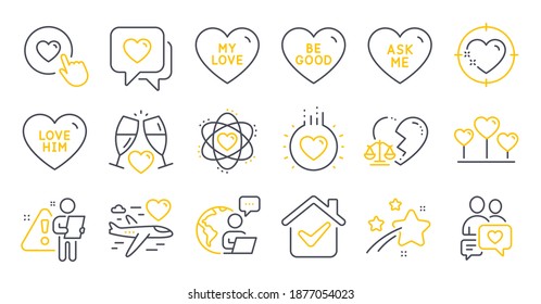 Set of Love icons, such as Honeymoon travel, Dating chat, Heart symbols. Love, Be good, Love him signs. Wedding glasses, Divorce lawyer, Ask me. Atom, Like button, Heart target line icons. Vector