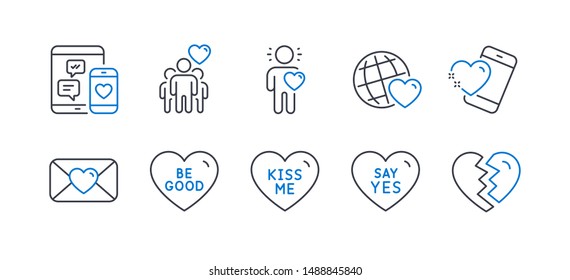 Set Of Love Icons, Such As Kiss Me, Friendship, Heart, Be Good, Valentine, Friend, Say Yes, Friends World, Social Media, Break Up Line Icons. Love Sweetheart, Trust Friends. Line Kiss Me Icon. Vector