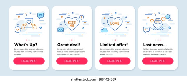 Set of Love icons, such as Love, Kiss me, Love mail symbols. Mobile app mockup banners. Honeymoon cruise line icons. Sweetheart, Valentine letter, Romantic cruiser. Love icons. Vector