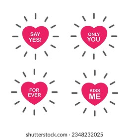 Set of Love icons, such as Kiss me, only you, say Yes, forever.