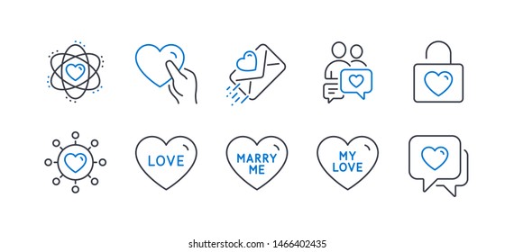 Set of Love icons, such as Love letter, Dating chat, Hold heart, Dating network, My love, Wedding locker, Marry me, Atom, Heart line icons. Friendship, Relationships network. Vector