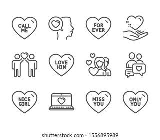 Set of Love icons, such as Miss you, Love him, Web love, For ever, Only you, Nice girl, Call me, Friends couple, Romantic talk, Hold heart, Couple, Dating chat line icons. Miss you icon. Vector