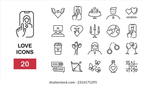 Set of love icons such as online dating, heart, chat, flower, coffee, butterfly for mobile app, dating service. Vector illustration