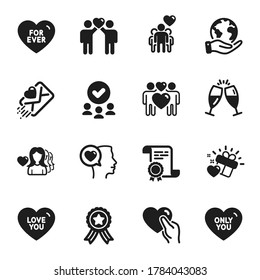 Set of Love icons, such as Only you, Love you. Certificate, approved group, save planet. Love letter, Friendship, Romantic talk. Champagne glasses, For ever, Friends couple. Vector