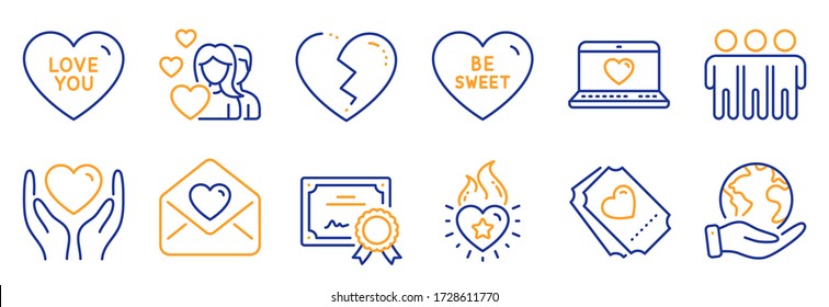 Set Of Love Icons, Such As Love Ticket, Be Sweet. Certificate, Save Planet. Love Letter, Heart Flame, Friendship. Couple, Hold Heart Line Icons. Social Network, Trust Friends. Line Icon Set. Vector