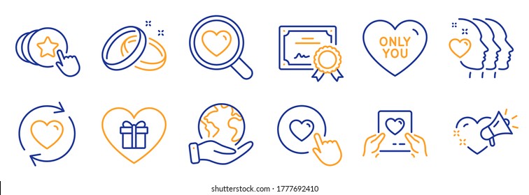 Set of Love icons, such as Update relationships, Like button. Certificate, save planet. Romantic gift, Love message, Hold heart. Only you, Search love, Friends couple. Wedding rings line icons. Vector