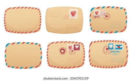 Set love letter air mail, retro romantic envelope with striped border. Postal Stamp with heart, wings, love message. Valentine day or wedding decoration.