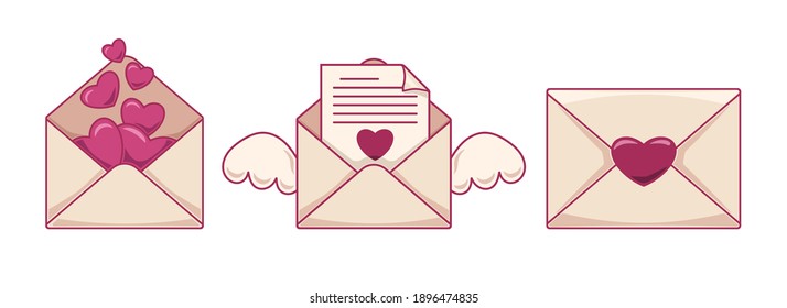 Set of love letter icons with angel wings and hearts. Illustration for Valentine's day. Vector flat cartoon design of graphic element. App vector icon.