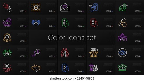 Set of Love letter, Volunteer and Inclusion line icons. Include Engineering team, Not looking, Helping hand icons. Health app, Budget profit, Loan percent web elements. Voting campaign. Vector