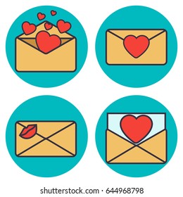 Set of love letters. Envelope with heart, kiss. Vector flat illustration