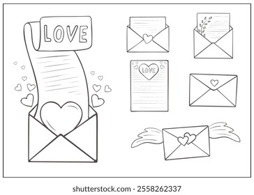 Set of love letters in envelopes. Doodle transparent icons of letter in cartoon style for Valentine's day, coloring pages, decoration. Long distance relationship and mailing concept.