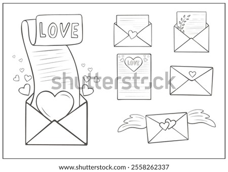 Set of love letters in envelopes. Doodle transparent icons of letter in cartoon style for Valentine's day, coloring pages, decoration. Long distance relationship and mailing concept.