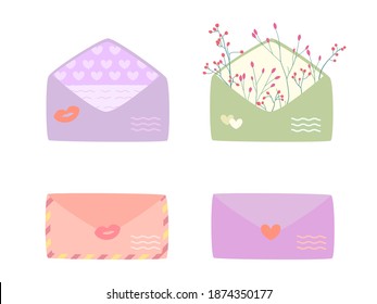 Set of love letters in envelopes for Valentine's Day and friendship. An envelope with a romantic message. Vector illustration
