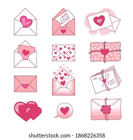 Set of love letters and Valentines on a white background. Valentine's day. Vector.