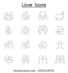 Set of love line icon. contains such icon as, hug, friendship, family, romantic, marriage, heart, support, care and more.