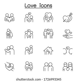 Set of love line icons. contains such Icons as, hug, friendship, family, romantic, marriage, heart, support, care and more. 