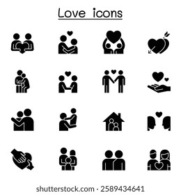 Set of love line icons. contains such Icons as, hug, friendship, family, romantic, marriage, heart, support, care and more.