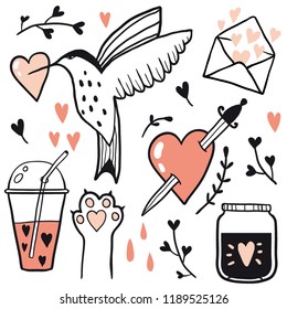 Set of love line illustrations. Hand drawn elements for Valentine's day or wedding.  Cute doodle collection with hearts, bird, envelope. Template for cards, stickers, greeting, invitations