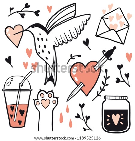 Set of love line illustrations. Hand drawn elements for Valentine's day or wedding.  Cute doodle collection with hearts, bird, envelope. Template for cards, stickers, greeting, invitations