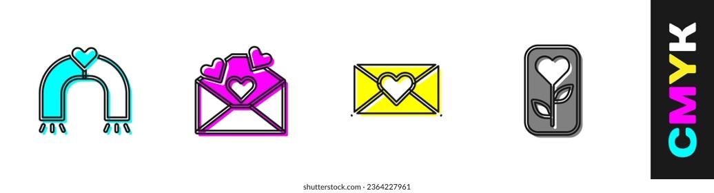 Set Love magnet, Envelope with Valentine heart,  and Flower rose icon. Vector