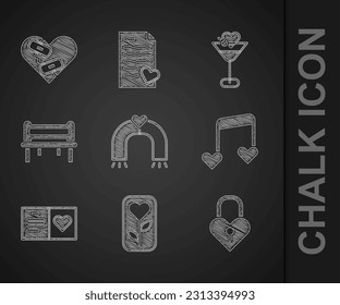 Set Love magnet, Flower rose, Castle in the shape of heart, Music note, tone with hearts, Valentines day party flyer, Romantic bench, Martini glass and Healed broken icon. Vector