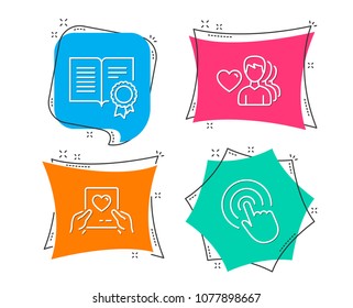 Set of Love mail, Diploma and Man love icons. Click sign. Valentine letter, Document with badge, Romantic people. Cursor pointer.  Flat geometric colored tags. Vivid banners. Trendy graphic design