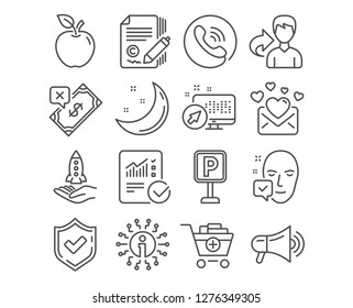 Set of Love mail, Rejected payment and Copywriting icons. Face accepted, Parking and Add products signs. Crowdfunding, Megaphone and Checked calculation symbols. Vector