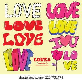 Set LOVE message typographic cartoon  font design hand drawn illustration