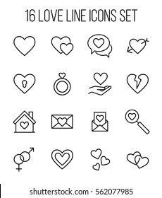 Set of love in modern thin line style. High quality black outline heart symbols for web site design and mobile apps. Simple romance  pictograms on a white background.