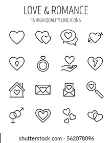 Set of love in modern thin line style. High quality black outline heart symbols for web site design and mobile apps. Simple romance  pictograms on a white background.