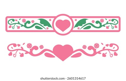 Set love and nature concept header elements. Pink heart background, flowers and plants.
