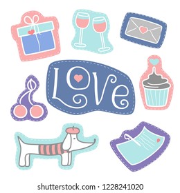 Set of love patches, cute colorful badges, fun cartoon icons. Vector illustration.