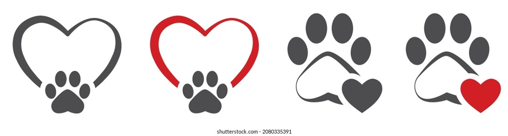 Set of love paw print. Paw print with heart. Logo animal love. Paw in the heart. Vector illustration.