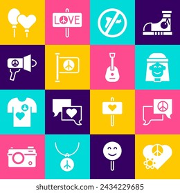 Set Love peace, Speech bubble chat, Hippie girl, No war, Flag, Megaphone, Balloons and Guitar icon. Vector