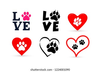 Set of Love with pet footprint. Funny logo saying. Design for scrapbooking, posters, textiles, gifts, t shirts. Vector illustration. Isolated on white background.