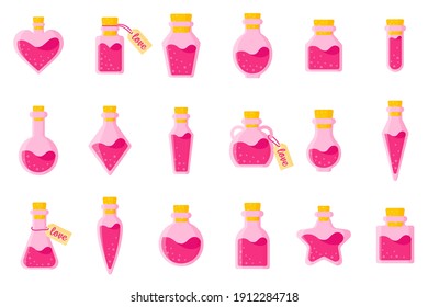 Set of love potion in bottles of different shapes with tag and heart for the wedding or Valentine's Day. Vector flat design isolated on white background.