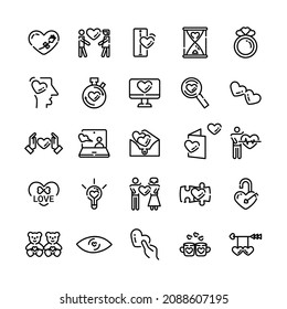 Set of Love Related Vector Line Icons. Contains such Icons as Valentine's day, Romantic Letter, Hold heart, True love symbols, Happy Couple, Heart, and more. Editable Stroke. 64x64 Pixel Perfect.