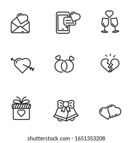 Set of love and romance icons in black line design isolated on white background 