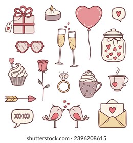 Set of love, romance, Valentines day theme colorful design elements in doodle style