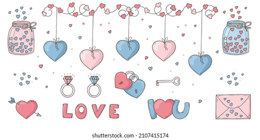 Set of Love, Romantic and Valentine’s Day items in doodle style. Romantic decoration elements for design, greeting card, posters, postcard. Trendy elements  isolated on white background
