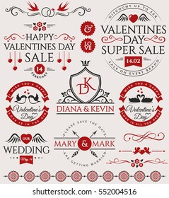 Set of love and romantic decorations isolated on white background. Collection of elements for Valentine's Day and wedding design. Vector illustration.
