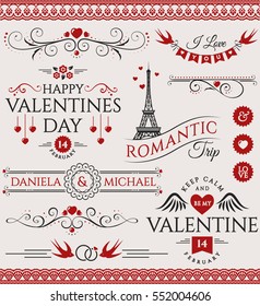 Set of love and romantic decorations isolated on white background. Collection of elements for Valentine's Day and wedding design. Vector illustration. 